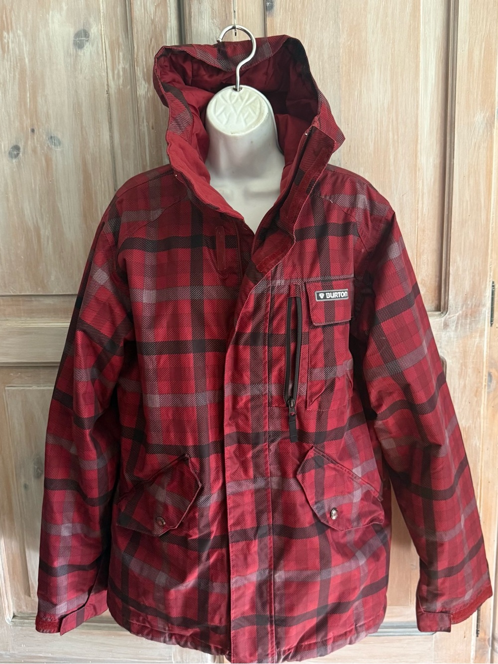 Burton Red Snowboarding Ski Snow Winter Black Plaid Hooded Jacket Medium